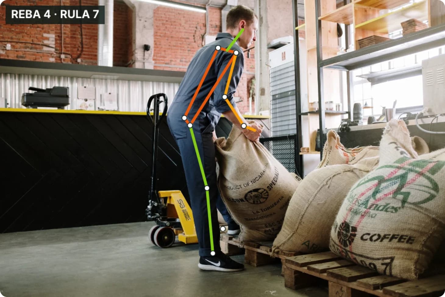ViveLab skeleton overlay on a warehouse worker lifting a coffee sack, labelled REBA 4 and RULA 7
